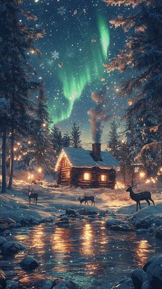 a cabin in the woods at night with lights on and deer running through the snow