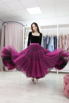 Phone number required for express delivery!! Very fluffy 3-tiered skirt is made of soft tulle. This skirt does not add volume to the waist and hips. The entire volume is gathered towards the lower edge: the bottom row layers (together) measure more than 200ft of tulle fabric.  Pictured skirt is 100 cm (39.5 in) long, color numbers 45+73+47 (from outside in); it has fixed waistband with stretching inserts next to hidden zipper (can be altered) which stretch well enough to fit several sizes and pr Hot Pink Tulle Skirt, Tuille Skirt, Purple Tulle Skirt, Tulle Pants, Gonna In Tulle, Skirt Tiered, Tiered Tulle Skirt, Color Numbers, Bridal Shower Balloons