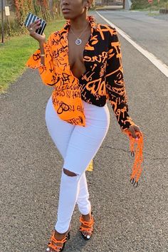 Graffiti Shirts, Shirt Collar Styles, Orange Shirt, Cute Swag Outfits, Swag Outfits, Neck Shirt, Online Womens Clothing, Chic Outfits