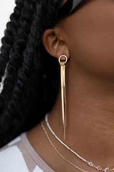 Close up view of model wearing the One And Only Gold Earring which features gold plated dangle strips attached to a small gold plated circle. Gold Earring, The One And Only, One And Only, Gold Earrings, Personal Style, The One, Gold Plate, Plating, Gold