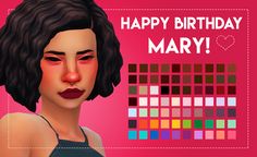 an animated woman with black hair and lipstick on her face, next to a happy birthday card