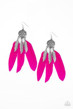 pink feather earrings with silver accents