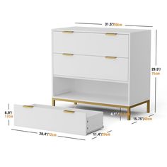 a white dresser with two drawers and measurements for the top drawer, side by side