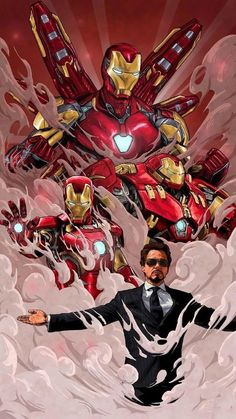 a man in a suit and tie standing next to an image of iron man with his arms out