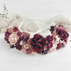 Deep Red Wedding, Burgundy Wedding Colors, Winter Wedding Planning, Floral Headdress, Flowers Crown, Bridal Flower Crown, Flower Crown Wedding, Burgundy Flowers, Crown Wedding