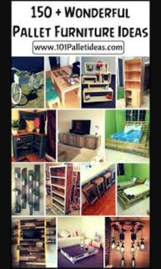 a collage of furniture made from pallets and wooden crates with text overlay reading 150 wonderful pallet furniture ideas