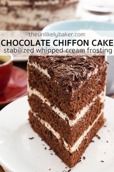 a slice of chocolate chiffon cake on a white plate