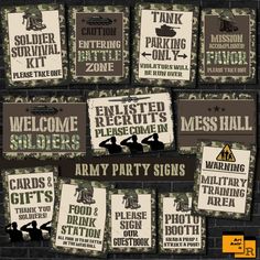 an army party sign is hanging on the wall with other signs in front of it