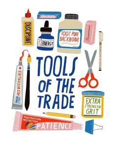 an image of the words tools of the trade on a white background with scissors and other items