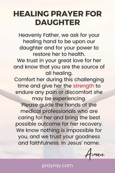 a woman with her hands up in the air and text that reads, praying prayer for daughter