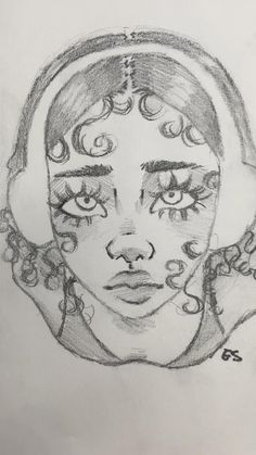 a drawing of a woman's face with curly hair and eyeliners on it