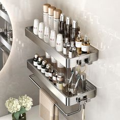 a bathroom shelf filled with lots of different types of cosmetics and personal care items next to a mirror