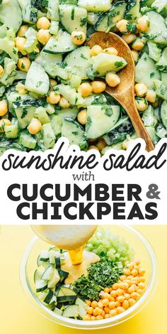 cucumber and chickpeas salad in a bowl with a wooden spoon