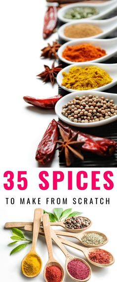 the cover of 35 spices to make from scratch, with spoons lined up in rows