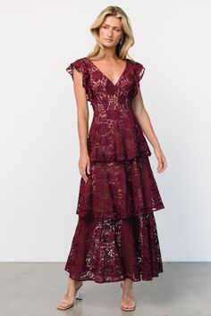 Margot Lace Tiered Maxi Dress | Wine Guest Wedding Dress, Deep Wine Color, Wedding Dress Code, Deep Emerald Green, Wedding Lookbook, Lace Burgundy Dress, Summer Midi Dress, Mob Dress, Dress Code Wedding