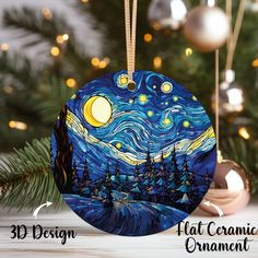 an ornament is hanging on a christmas tree with the starry night painting