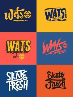 six different logos for skateboarders and their designs on the same color blocker