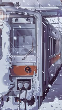 an illustration of a train on the tracks with snow falling all over it's sides