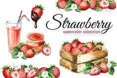 strawberry watercolor collection with strawberries