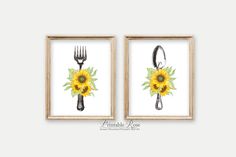 two framed pictures with sunflowers and forks