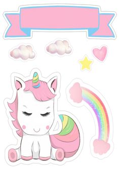 a sticker with a unicorn sitting on the ground next to a rainbow and clouds