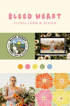 a woman standing in front of flowers with the words, bleed heart floral farm and design