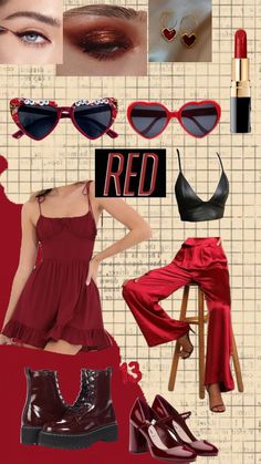 a collage of red clothing and accessories including shoes, sunglasses, lipstick, eyeliners