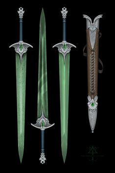 four different types of swords with green and brown handles