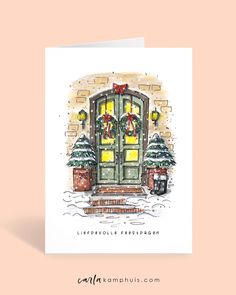 a christmas card with an image of a green door and wreaths on the front