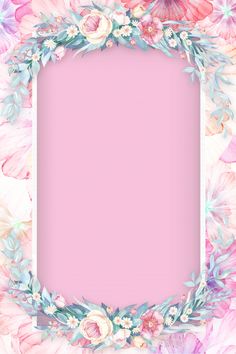 a pink background with flowers and leaves in the center, on top of a white frame