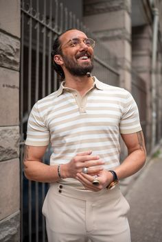 Bojoni Bath Beige Striped Polo Shirt | BOJONI Beige Shirt, Dapper Style, Striped Polo Shirt, Polo Neck, Shoes With Jeans, Patterned Shorts, Haiti, Brunei, Jamaica