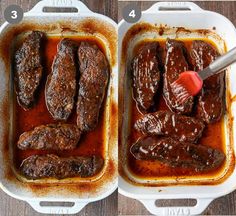 two pans filled with meat covered in sauce