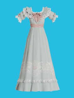 a white dress with pink trims and lace on the shoulders, against a blue background