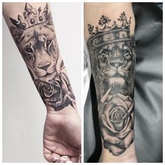 two different tattoos on the arms of people, one with a lion and rose in it