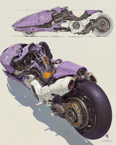 an artistic rendering of a futuristic motorcycle in purple and white colors, with the wheels facing forward