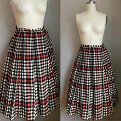 * 1950's * wool * metal zipper up the side & button closure * "Majestic Specialties Inc." condition | excellent Ladies Size XS length 26" waist 25"  hips free Instagram | ladyjanevintage Plaid Wool Skirt, Wool Skirt, Free Instagram, Wool Skirts, Metal Zipper, Wool Plaid, White Plaid, Vintage 1950s, Orange Black