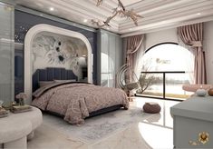 a bedroom with a large bed and lots of decorations on the walls, along with windows