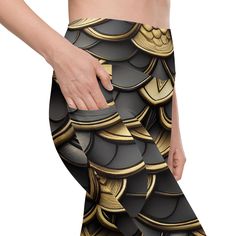 Black And Gold Dragon Scales Leggings With Pockets Meet your new favorite pair of pocket leggings. Featuring a classic, high-waisted cut, exceptional comfort, and two practical side pockets, these semi-compression leggings will support you during workouts and casual strolls around the city. Get yours now! * 74% recycled polyester, 26% elastane * UPF 50+ * Soft and stretchy fabric with a mild compression feel. * Tight fit * Flattering cut * High-waisted * 1 pocket on each side * Triangle gusset * Black And Gold Dragon, Dragon Scales, Gold Dragon, Leggings With Pockets, Dragon Scale, Womens Leggings, Compression Leggings, Pocket Leggings, Outfits With Leggings