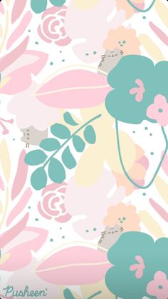 a pink and blue floral wallpaper with leaves