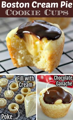 boston cream pie cookie cups with chocolate ganache on top, and the recipe below