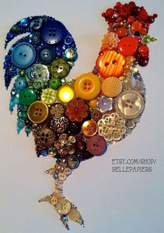 there is a rooster made out of buttons