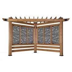 an open wooden screen with black and white designs on the sides, set against a white background