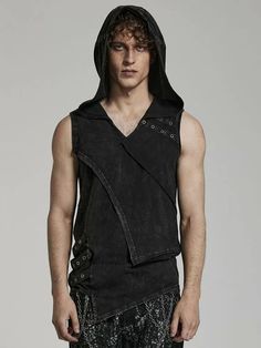 Black Punk Hooded Vest for Male Rave Men, Distressed Tank Top, Punk Hoodie, Punk Skirt, Gothic Jackets, Gothic Pants, Punk Women, Punk Shirt, Punk Dress