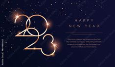 a happy new year greeting card with gold numbers and stars on a dark blue background