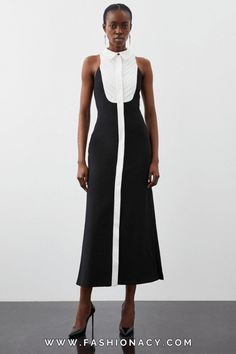 Elevate your style with a classy tuxedo dress outfit that embodies timeless elegance and modern sophistication. Perfect for upscale events and formal gatherings. Unique Tuxedos, Silver Stilettos, Dress Tuxedo, Latest Maxi Dresses, Body Con Dress Outfit, Maxi Dress Collection, Halter Neck Maxi Dress, Office Wear Women