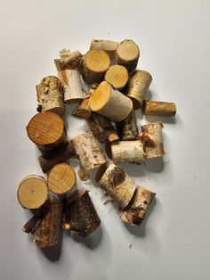 several pieces of wood sitting on top of a white table next to some cut up logs