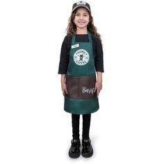 Serving Coffee In Style. The barista costume is a great family costume with children's and adult sizing. The apron and cap are adjustable so that you can get the perfect fit. Complete With: 1x Apron 1x Cap 1x Name Tag Versatile: Great for Halloween stage, parties, or one-on-one play time year-round. Additional Features: ◾ Available in childrens sizes T4/S and M/L. ◾ Very durable: resistant to most chemicals, stretching and shrinking, wrinkle resistant, and abrasion-resistant. ◾ Machine washable Starbucks Apron Clipart, Barista Costume, Barista Outfits, Green Apron, Baby Costumes Girl, Dress Up Boxes, Costume For Kids, Coffee Barista, Coffee Logo