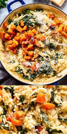 two pictures of pasta with spinach, carrots and parmesan cheese in a blue skillet