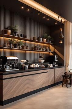 a coffee bar with lots of pots and pans on the shelves next to it