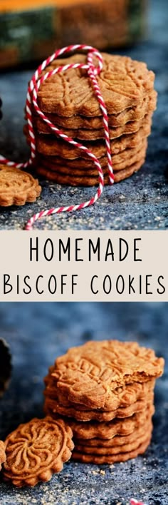 homemade biscoff cookies are stacked on top of each other and tied with twine